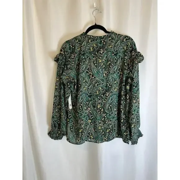 Counterparts Blouse Womens L Green Paisley New Long Sleeves Ruffle - Picture 7 of 9